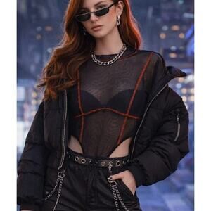 Public Desire Cyber Grunge Sheer Mesh Bodysuit Size 8 Black Edgy Futuristic Club